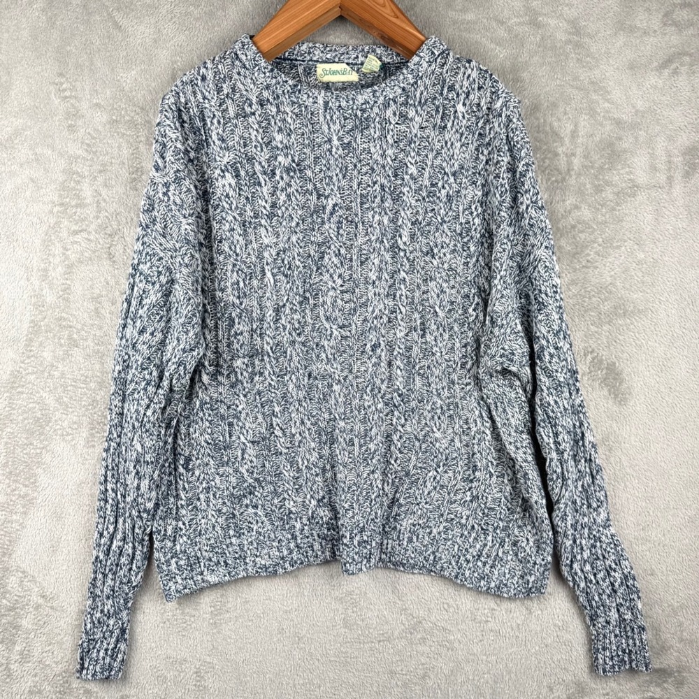 St. Johns Bay Cable Knit Marl Sweater Womens L‎ Blue White USA Made Vintage 90s